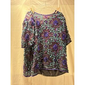 Stenay Women's XL Black Silk Sequined Hook/ Eye Back Neck Party Cocktail Top